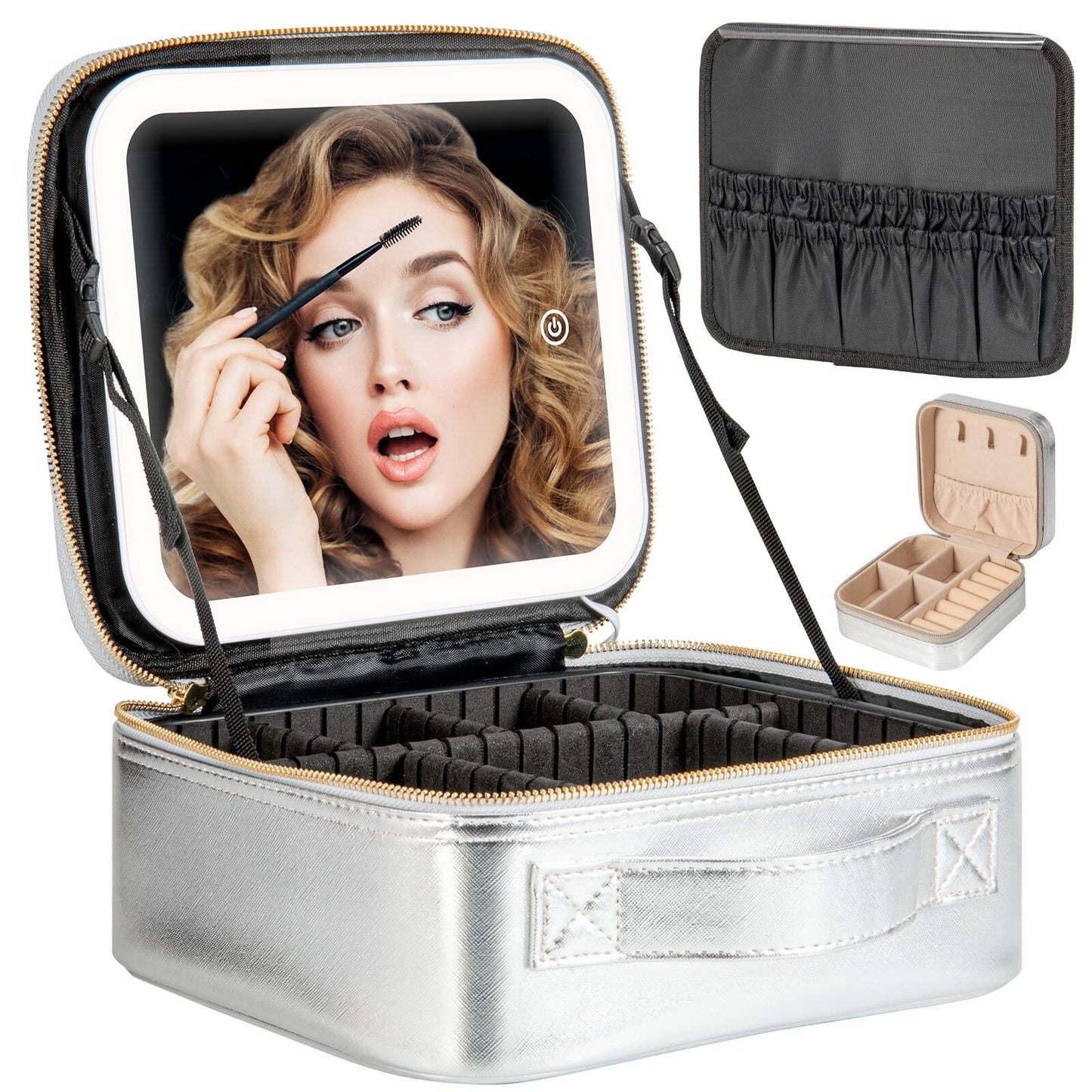 Extrei Gent Makeup Travel Train Case with Mirror LED Light 3 Adjustable Brightness Cosmetic Bag Portable Storage Adjustable Partition Waterproof Makeup Brushes Makeup Jewelry Gift for Women