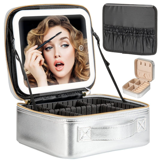 Extrei Gent Makeup Travel Train Case with Mirror LED Light 3 Adjustable Brightness Cosmetic Bag Portable Storage Adjustable Partition Waterproof Makeup Brushes Makeup Jewelry Gift for Women