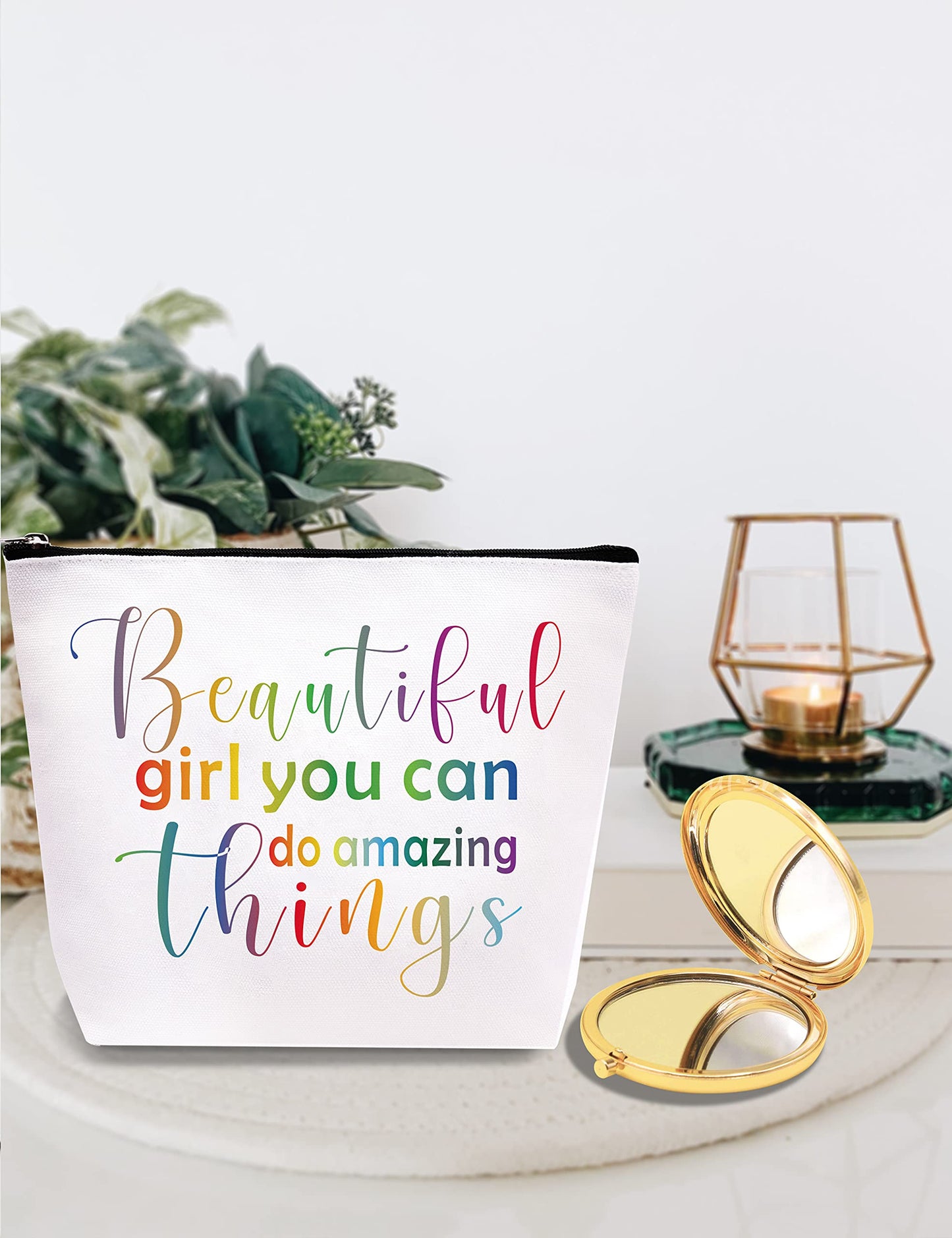 VeryMerryMakering Beautiful Girl You Can Do Amazing Things, Inspirational Gifts for Women, Amazing Gifts for Teen Girls, Beautiful Gift Makeup Bag, Inspirational Jewelry Dish, Amazing Mirror