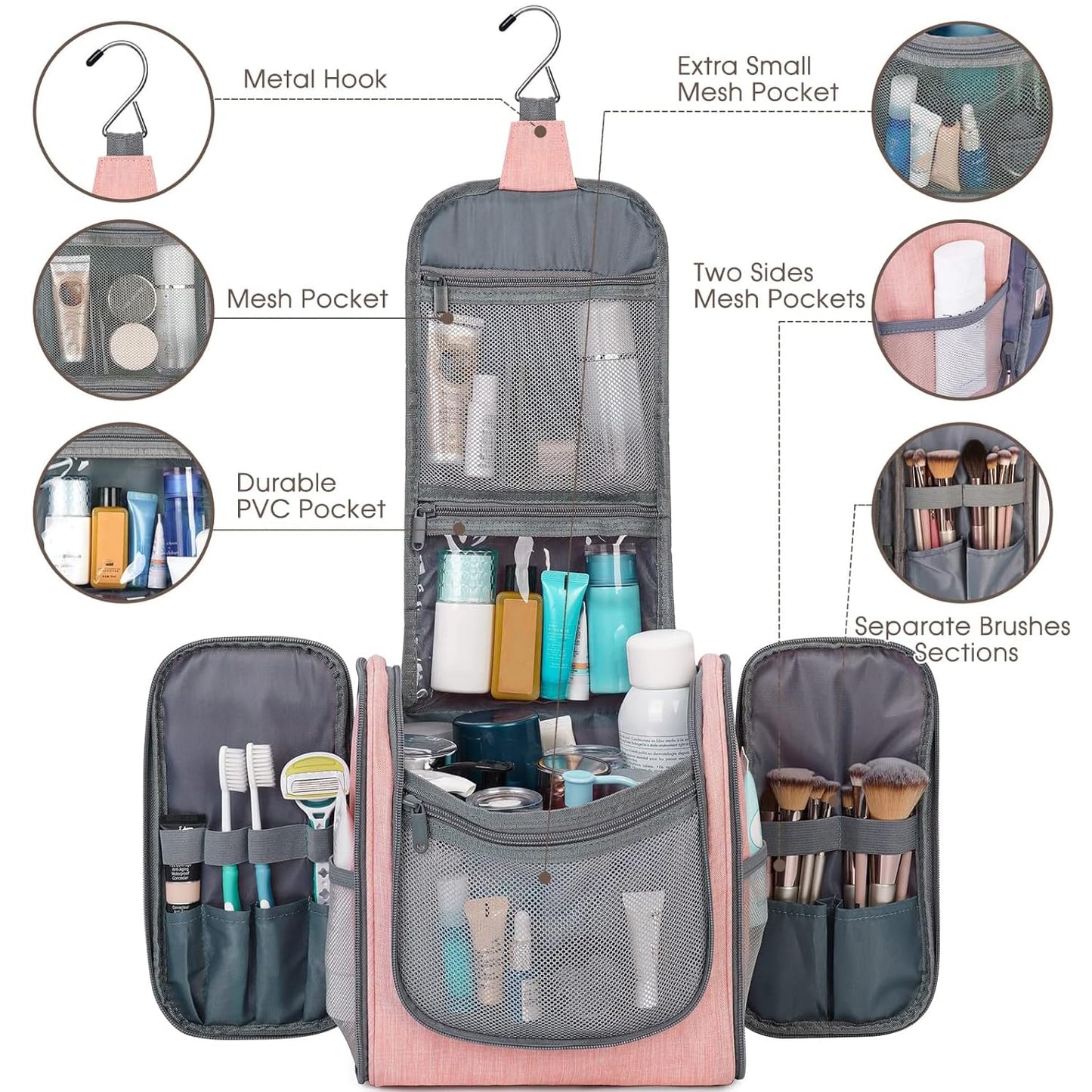Narwey Hanging Toiletry Bag for Women Travel Makeup Bag Organizer Toiletries Bag for Cosmetics Essentials Accessories(Large, Pink)