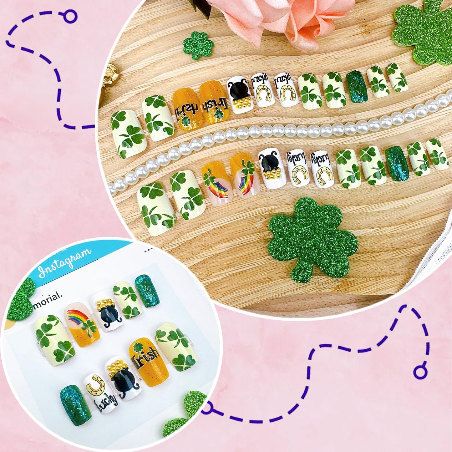 24Pcs St Patrick's Day Press on Nails Short Square Gold French Tip Fake Nails with Gold Rhinestones Horseshoe Rainbow Shamrocks False Nails St Patricks Day Acrylic Nails Irish Stick on Nails for Women