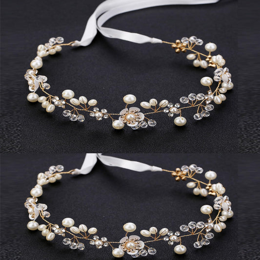 KAYZON Hairband, Gold 2PCS, Wedding Hair Accessory for Flower Girls, Princess Headpiece, Pearl Headband, Women Headbands