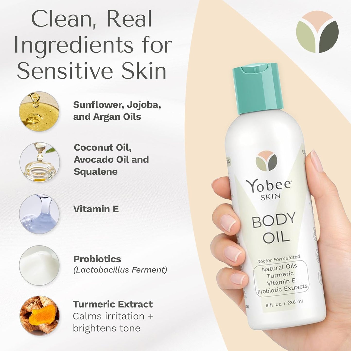 Yobee Probiotic Body Oil - Deeply Moisturizing for Dry, Itchy Skin | Natural Five-Oil Blend with Turmeric, 8oz