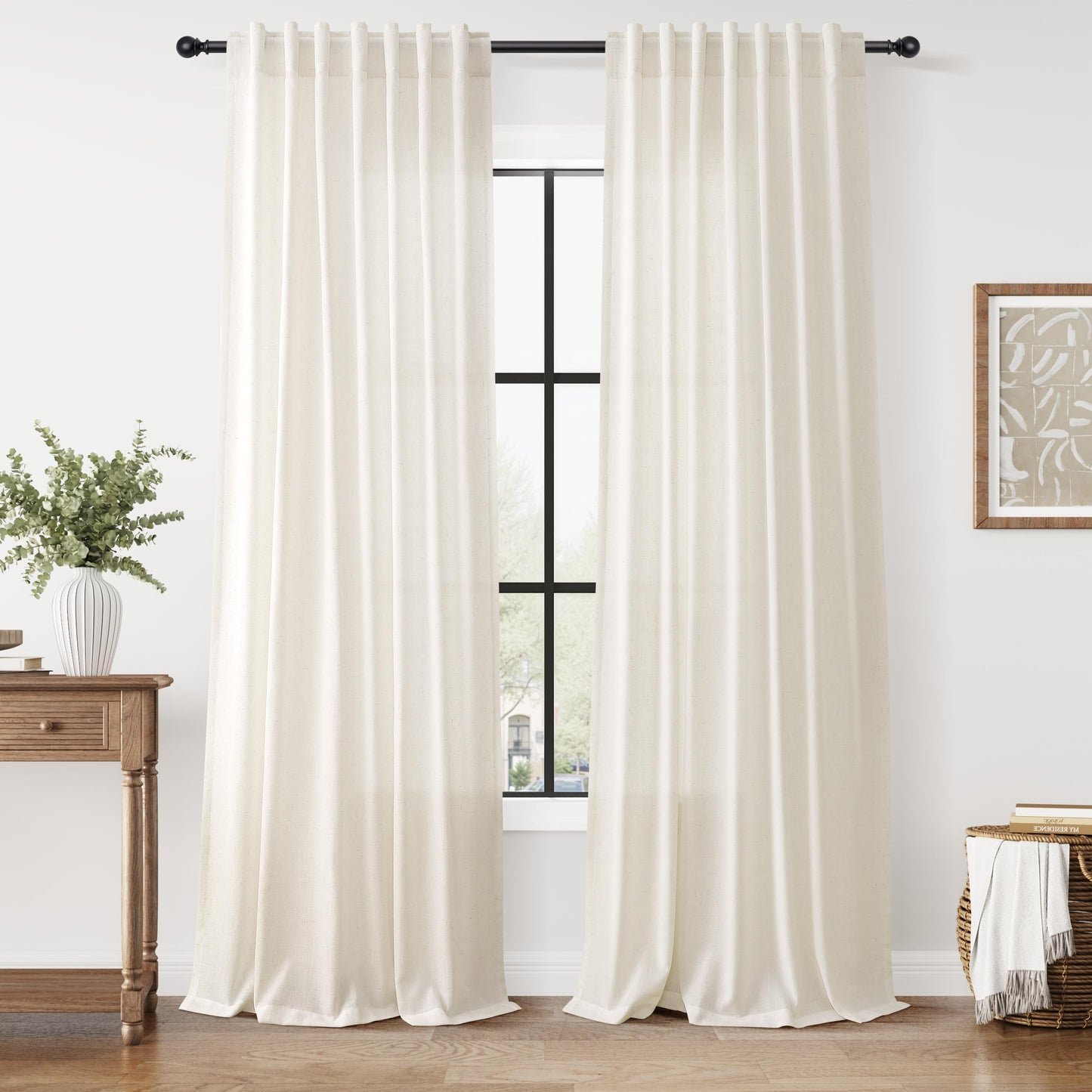 Nanspring Natural Linen Curtains for Kitchen Windows Over Sink - Cafe Curtain Semi Sheer with Rod Pocket and Back Tab Lightweight Rustic Textured Bistro Curtains for Bathroom, 2 Panels 25 x 24 Inch