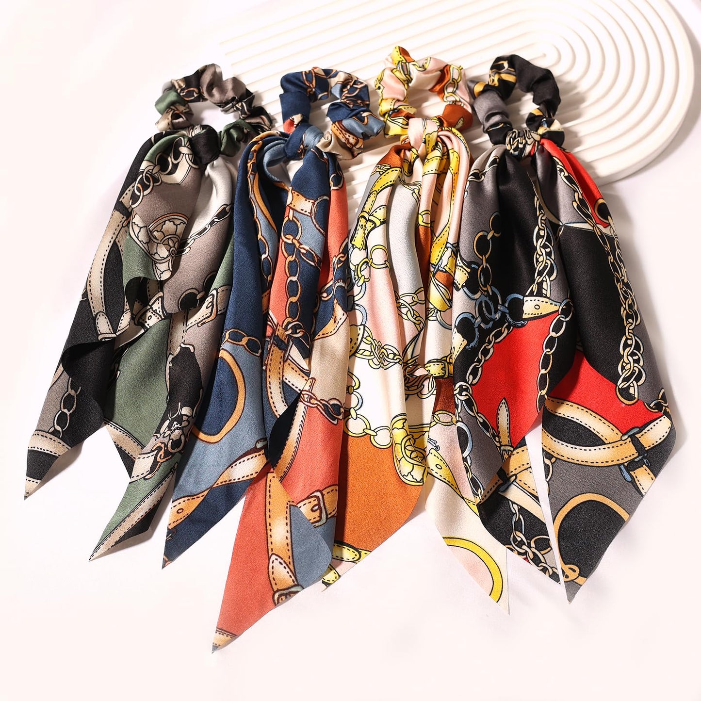 LFOUVRE 4pcs Chain Satin Hair Accessories - Ribbon Scrunchies with Long Tails, Knotted Hair Bands and Elastic Ties for Girls