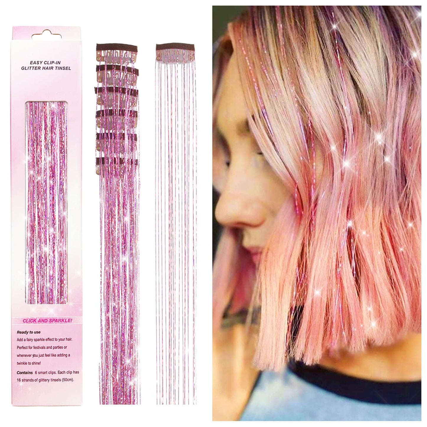 Clip in POROLIR Glitter Fairy Hair Extensions Kit - 6Pcs 20 Inch Shiny Sparkly Strands, Heat Resistant, Festival Gift for Women Girls Kids (Glitter Pink)