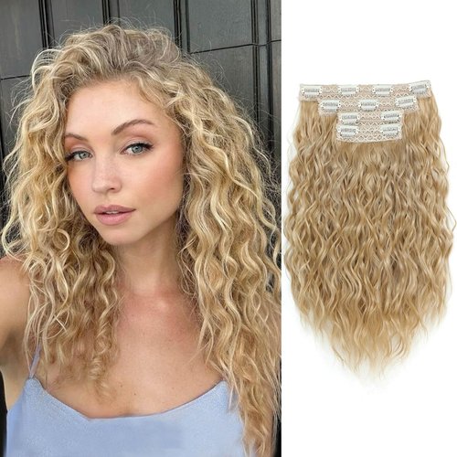 MORICHY Blonde Hair Extensions Clip in curly hair clip in extensions Wavy Seamless Clip in Hair Extensions 16'' Mermaid Waves 4PCS Synthetic Hair Pieces for Women（Light Golden Blonde）