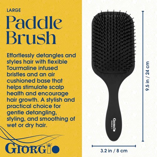Giorgio Hair Brush Set - Black Paddle Brush with Tourmaline Bristles for All Hair Types | Wet & Dry Use