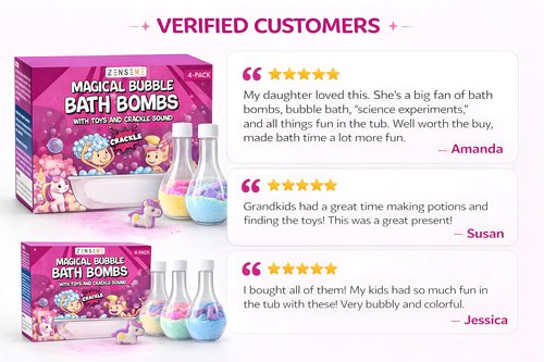 Zenseme Kids Bath Bombs Powder with Mini Unicorn Inside – Bubble Bath for Kids – Bathtime Experiment Kit Mix - Blast of Foam & Colour Surprise – Gift Set of 4
