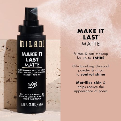 Milani Setting Spray & Primer - Make It Last Matte, Oil-Absorbing Charcoal Formula | 2 Pack for Oily Skin