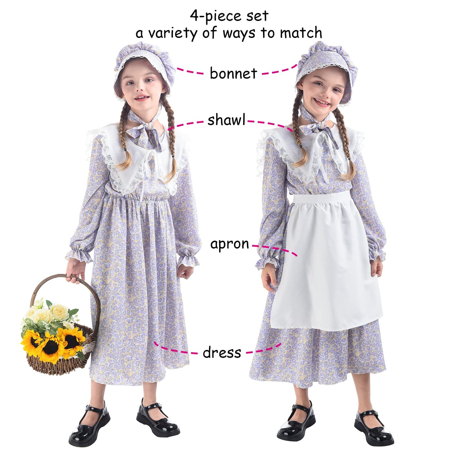 LTAKK Prairie Dresses Girls Pioneer Colonial Costume Girl Pilgrim Dress with Shawl, Apron and Bonnet, Blueviolet, Large