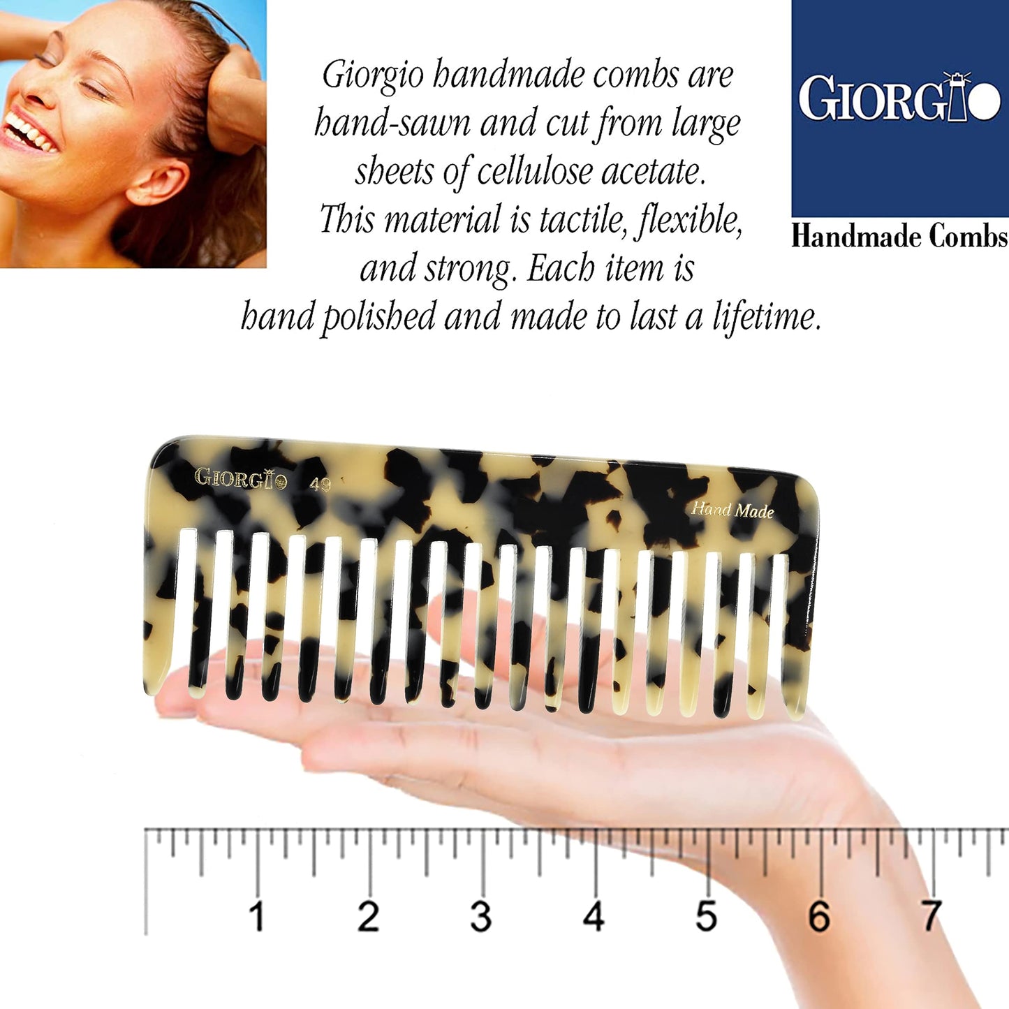 Giorgio G49WT Large 5.75 Inch Hair Detangling Comb, Wide Teeth for Thick Curly Wavy Hair. Long Hair Detangler Comb For Wet and Dry. Handmade of Quality Cellulose, Saw-Cut, Hand Polished