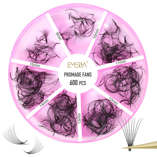 Premade Fans Eyelash Extensions 600 pcs Small Base Promade Loose Fans Stable D Curl 8-15mm Mix Lengths Short Stem Pre Made Volume Lashes with Reusable Silicone Pad by EMEDA (14D 0.05 D 8-15mm)