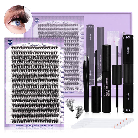 Lash Extensions Kit for Beginners 3D Eyelash Extension Kit 320pcs 40D Lash Clusters Kit 8-18 Mixed Lash Kit Fluffy Individual Lashes Kit with Lash Bond Seal Remover(Q40D-8-18MIX)