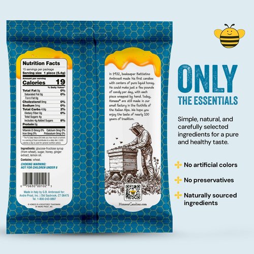 Honees Honey & Ginger Hard Candy - Natural Italian Treats with Real Honey & Ginger | 2.85 oz Pack