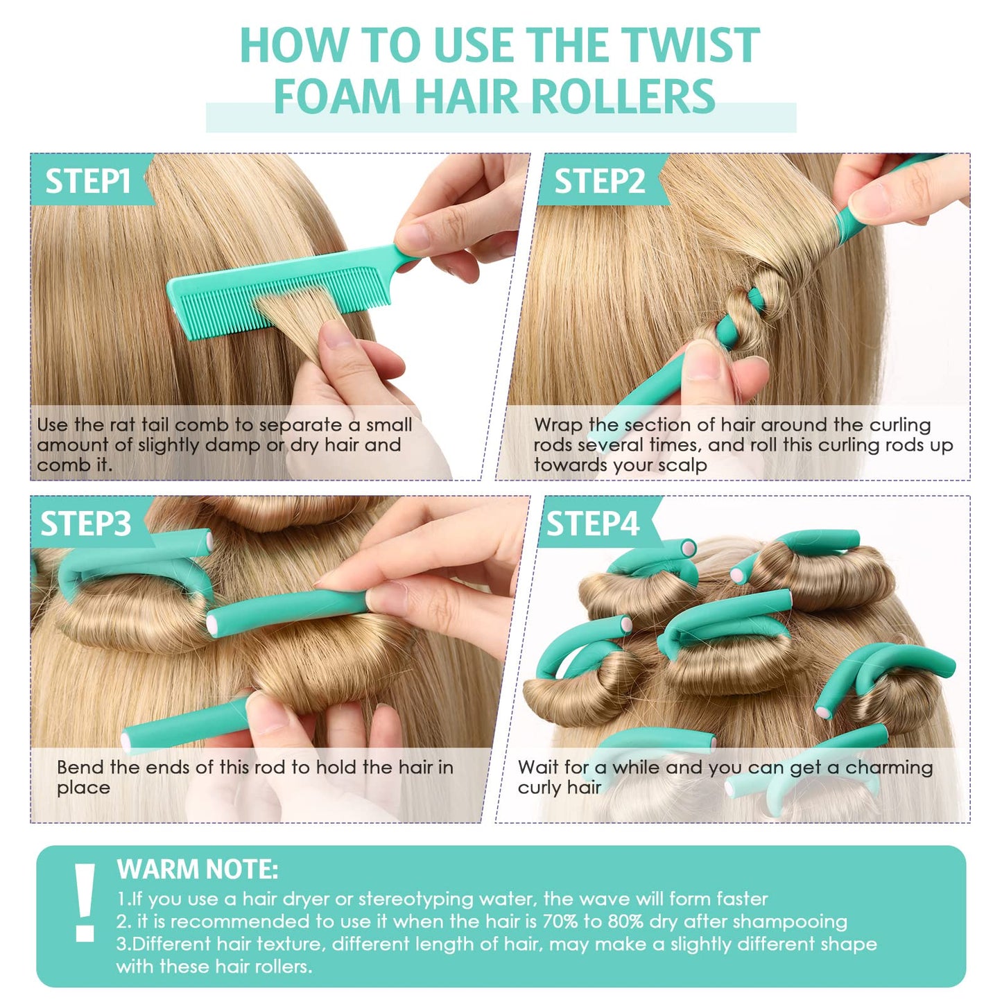 Syhood 30 Pcs 7'' Flexible Curling Rods Twist Foam Hair Rollers Soft Foam No Heat Hair Rods Rollers and 1 Steel Pintail Comb Rat Tail Comb for Women Long Short Hair(Lake Green,7 x 0.3 Inch)