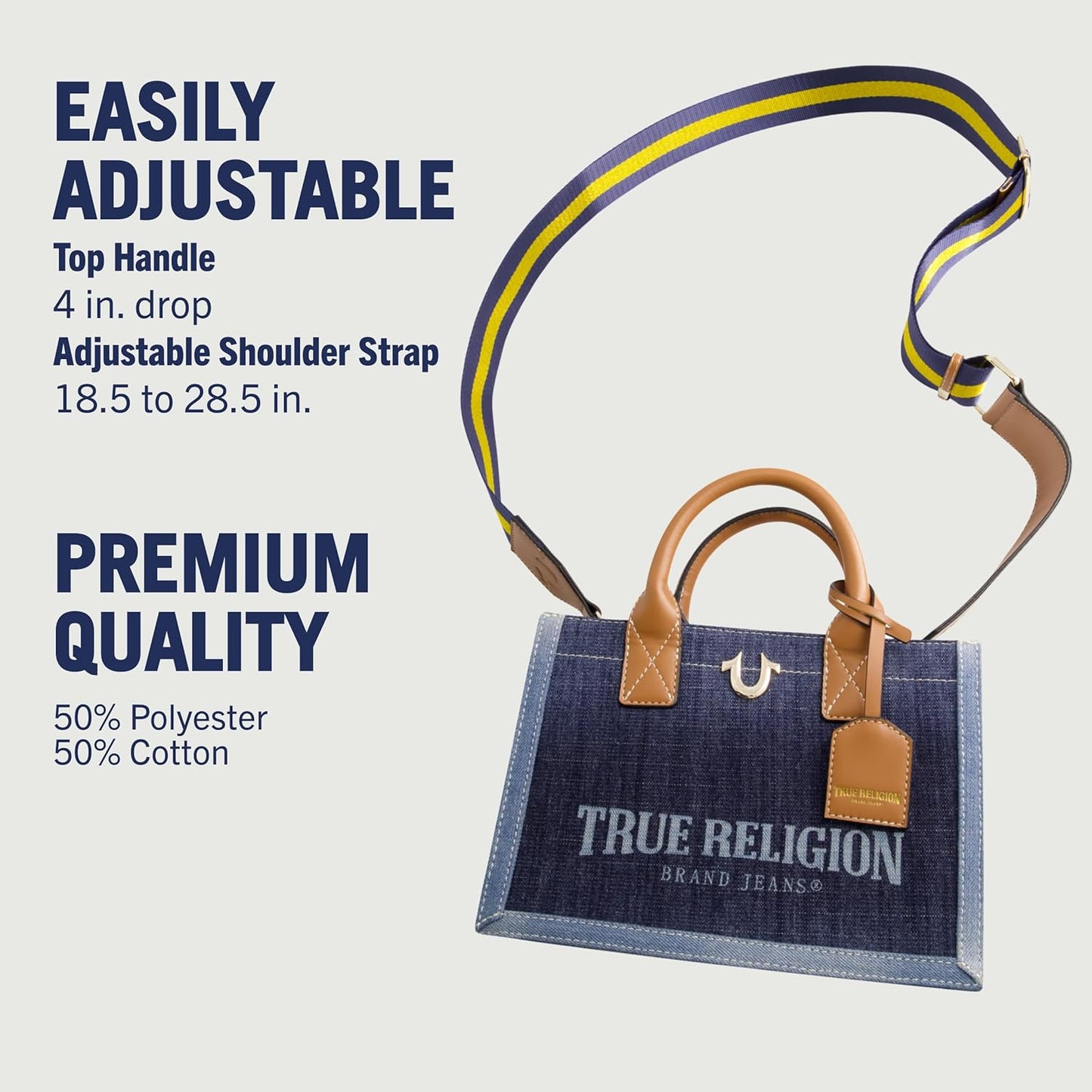 True Religion Tote Bag - Medium Travel Purse Handbag with Adjustable Shoulder Strap & Horseshoe Logo