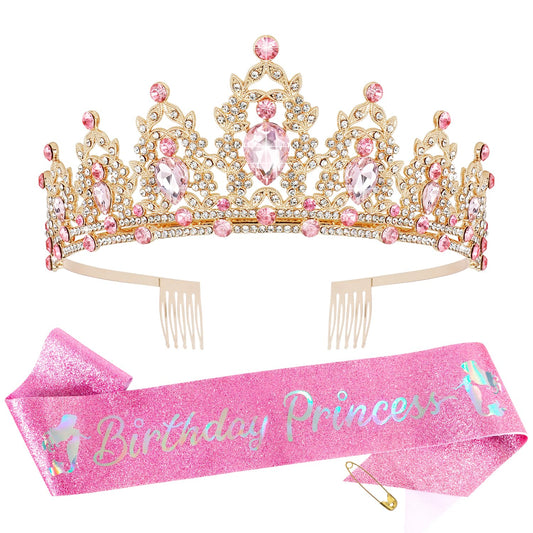 SuPoo Pink Birthday Sash and Crown Kit Princess Crown Gold Birthday Tiara Birthday Girl Crown with Comb Birthday Sash for Women Crystal Tiaras for Girls Headband Happy Birthday Decorations Gifts