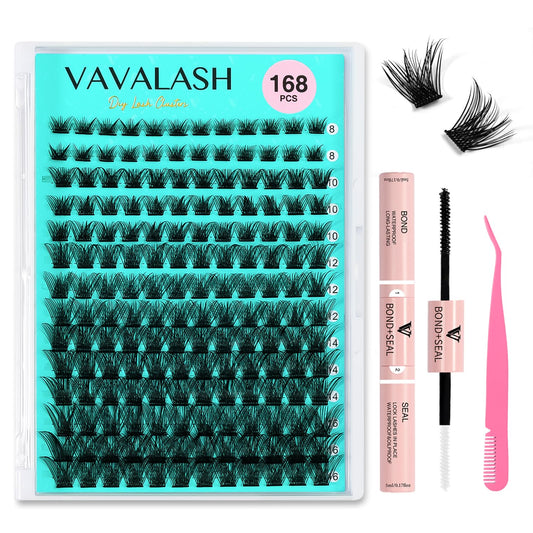 VAVALASH DIY Lash Extension Kit 168 PCS V01 Individual Cluster Lashes Kit D Curl Lash Clusters, Lash Bond and Seal, Lash Tweezer for DIY at Home Volume Wispy Soft False Lashes 168 PCS (V01-Kit)