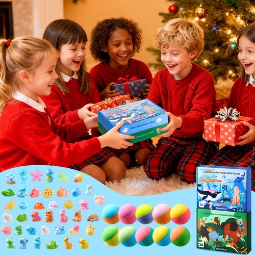 40 Kids Bath Bombs with Surprise Inside, Easter Basket Stuffers for Kids, Ocean & Jungle Animal Toys Gift Set with Natural Child-Safe Ingredients, Travel-Friendly Bath Bombs for Boys and Girls