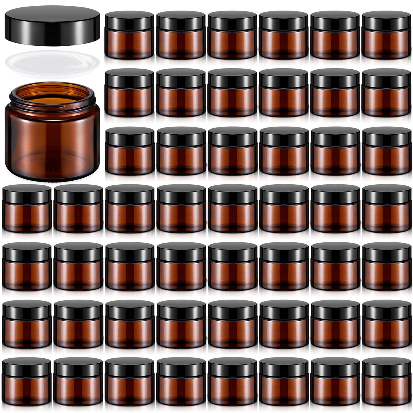Domensi 48 Pcs 2 oz Glass Jars with Lids Travel Size Leakproof Round Airtight Empty Cosmetic Jars with Inner Liners Lid for Storing Lotions Powders Ointments Sample Cream Candle (Amber)