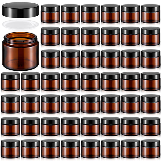 Domensi 48 Pcs 2 oz Glass Jars with Lids Travel Size Leakproof Round Airtight Empty Cosmetic Jars with Inner Liners Lid for Storing Lotions Powders Ointments Sample Cream Candle (Amber)