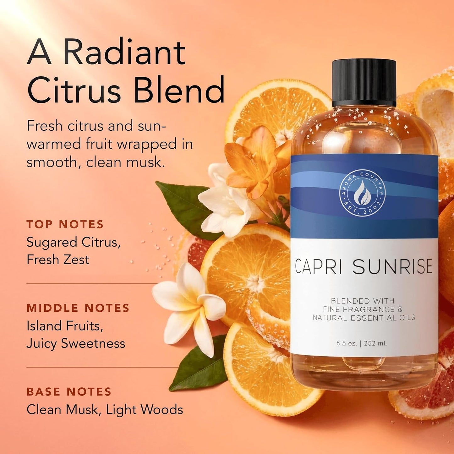 Aroma Country Capri Sunrise Diffuser Oil - Volcano Inspired Luxury Essential Oil Refill | Long-Lasting Natural Home Fragrance (8.5 Fl oz)