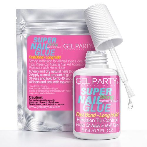 GELPARTY Super Strong Brush On Nail Glue for Press On Nails & Tips - Quick Dry Clear Acrylic Nail Adhesive (8ml) - Long Lasting Salon Bond for Fake Nails & Broken Nail Repair - Mess-Free Application