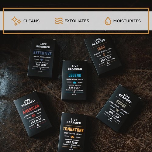 Live Bearded All-Natural Bar Soap for Men - Exfoliating & Moisturizing 6-Pack | 5 oz - Charcoal, Pumice, Shea Butter | 1880 Bourbon Scent