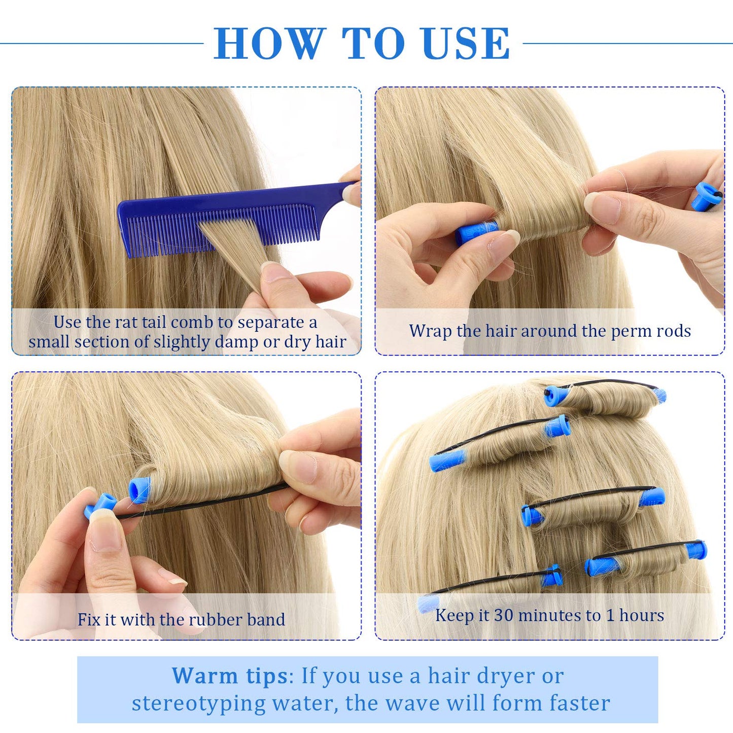WILLBOND Hair Perm Rods - 96 Pcs Heatless Curlers with 2 Steel Pintail Combs | 0.35 Inch, Blue