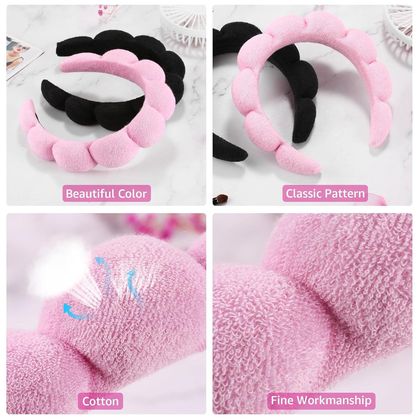 Ztomine Spa Headbands - Set of 2 Terry Cloth Skincare Headbands for Face Washing | Black & Pink