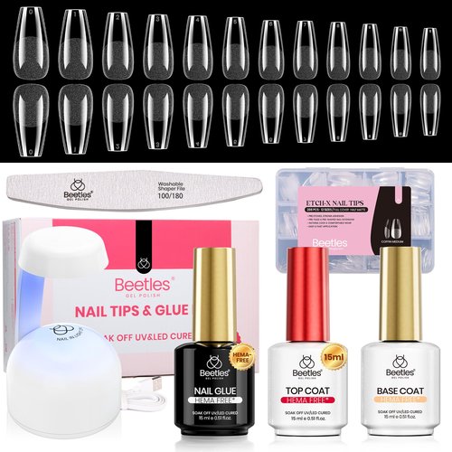 Beetles Gel Nail Kit Etch-X, Coffin Medium, 288pcs 12 Sizes Nail Tips, 3Pcs 15ml HEMA-Free Nail Glue Top Coat & Base Gel Set, with Mini Lamp, Press On Nail, Long Lasting Extension DIY Set at Home