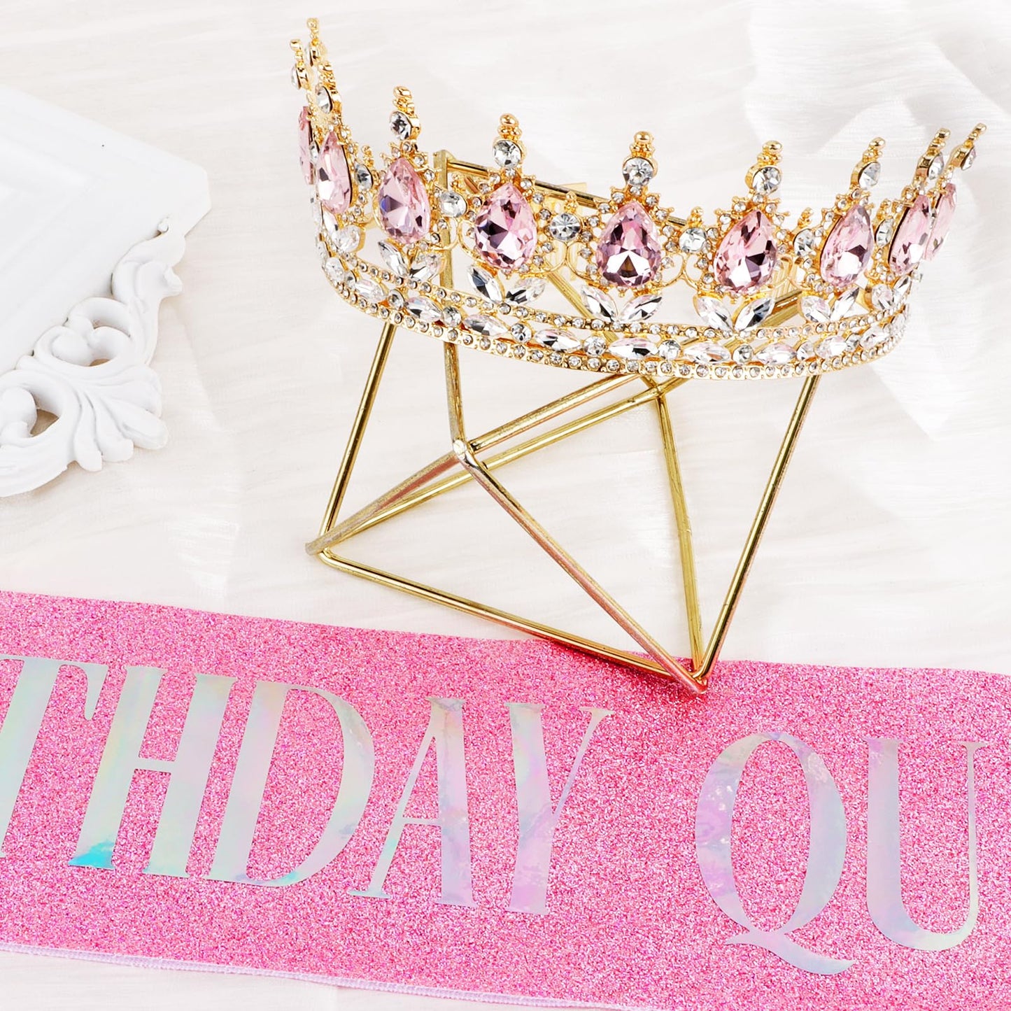 Vovii Birthday Crown & Sash Set for Women, Pink Rhinestone Tiara & Birthday Queen Sash for Women Birthday Decorations, Happy Birthday Party Decorations for Birthday Crown Adult Woman