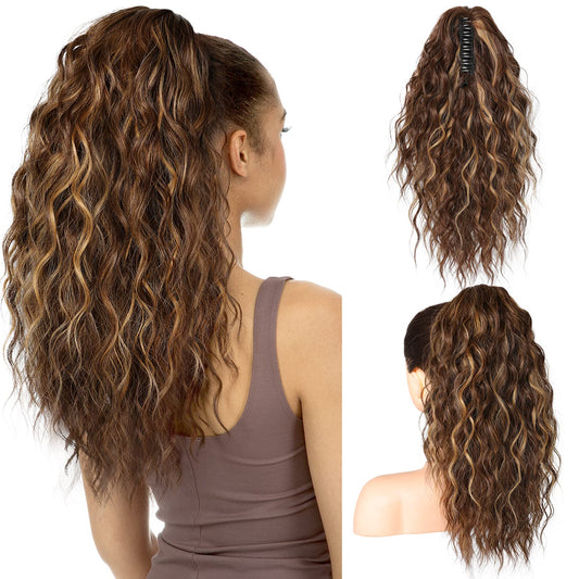 SEIKEA 18" Highlight Ponytail Extension, PT002 Tia Claw Long Multi Layered Fluffy Thick Wavy Curly Jaw Clip in Fake Pony Tails Fake Hair Soft Synthetic Hairpiece Chocolate Brown Blonde Highlights