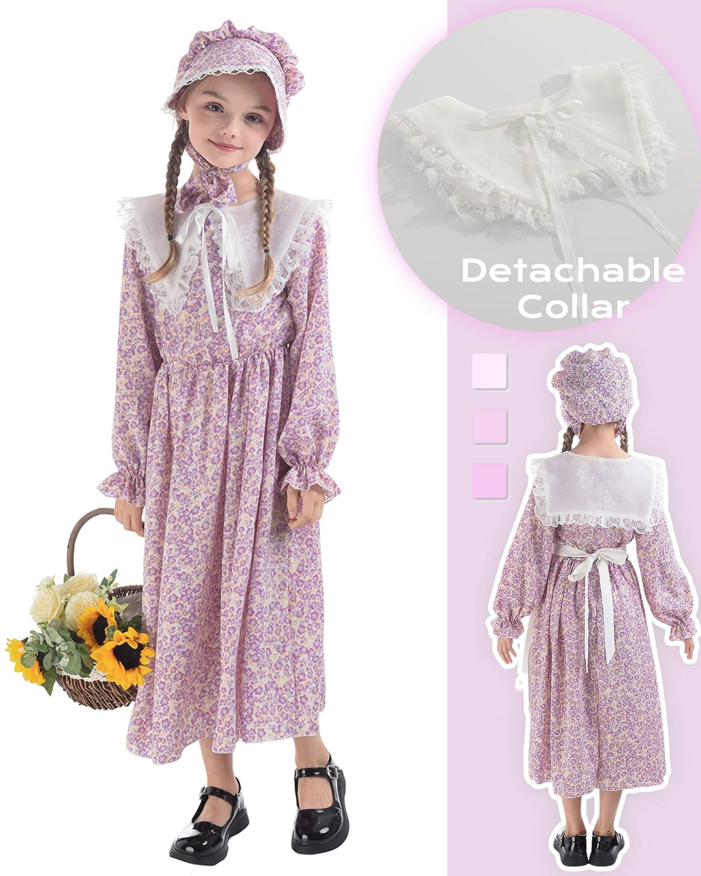 NSPSTT Colonial Costume Girls Prairie Dress Long Sleeve Pioneer Dresses for Girls Pioneer Bonnets Girl, Purple, S age over 4 years old