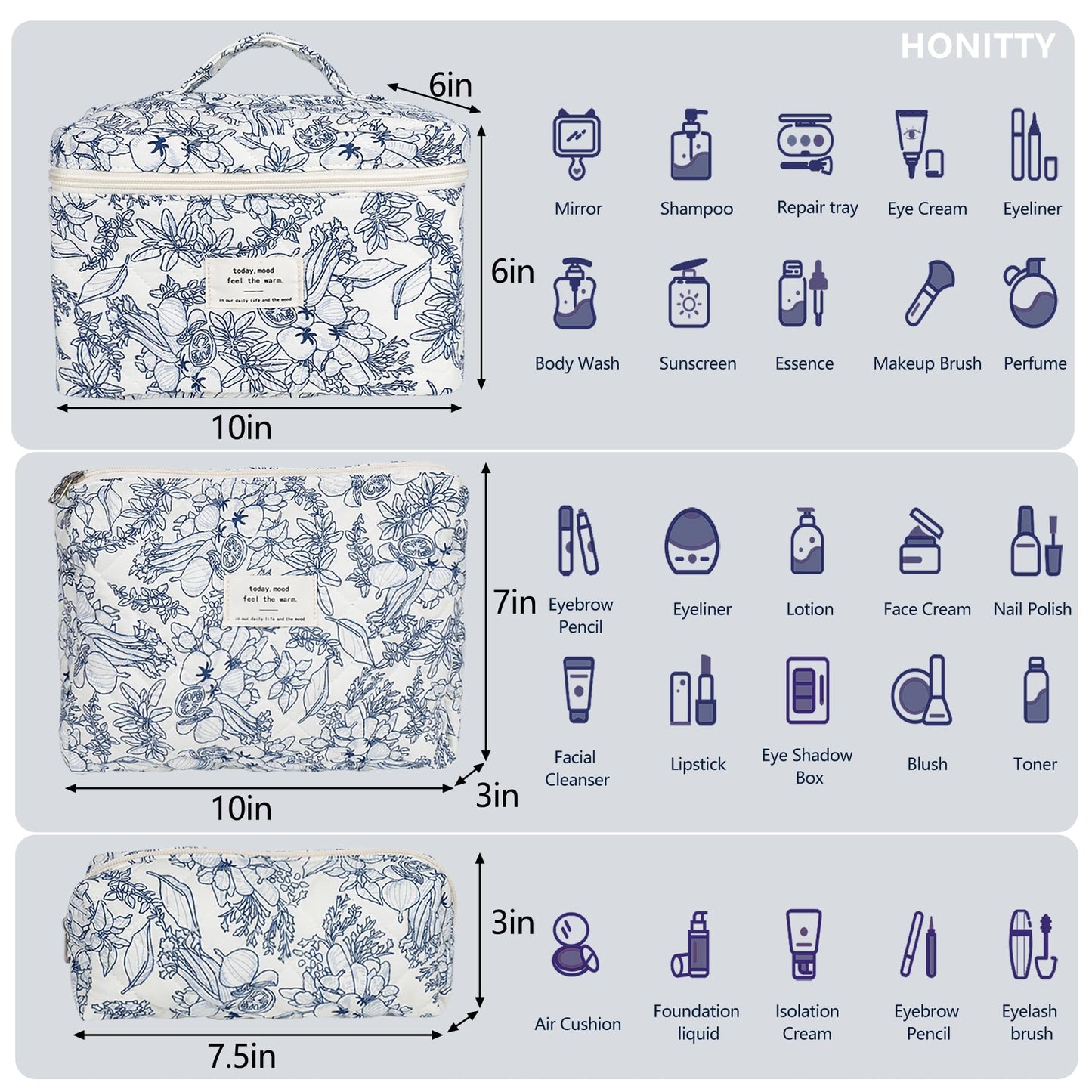 Makeup Bag,Quilted Cosmetic Bags,Large Floral Make Up Organize bag,Makeup Bag Set for Women,Flower Travel Toiletry Bag