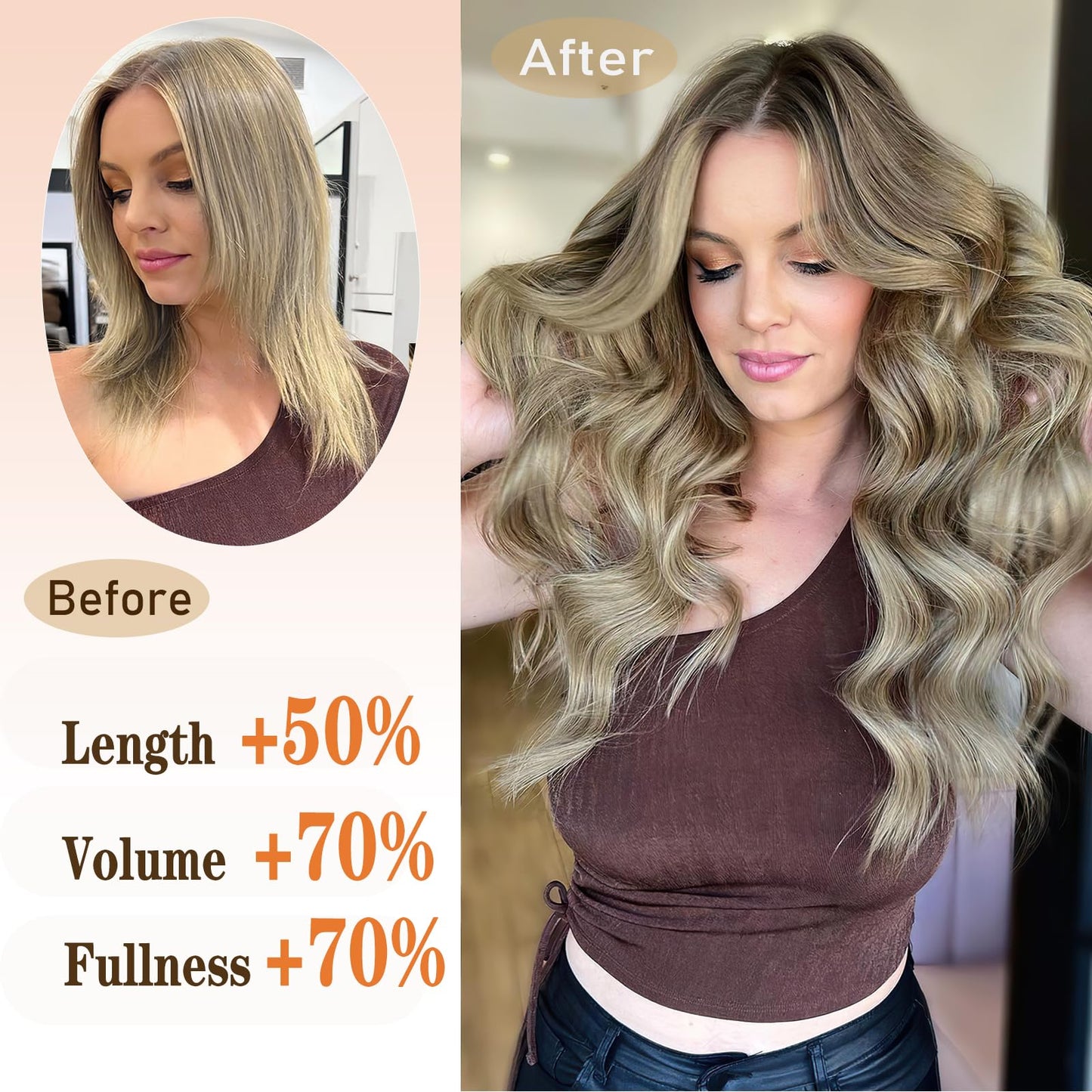 QGZ Clip in Hair Extensions for Women 4 PCS Set of Thick, Synthetic Long Wavy Hairpieces 20 Inch Light Brown mix Natural Blonde