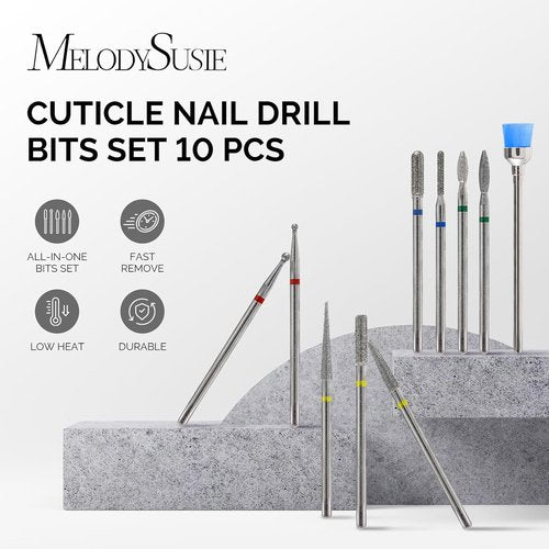 MelodySusie Nail Drill Bits Set - 10pcs Diamond Cuticle Bits for E-File | 3/32 Inch, Silver