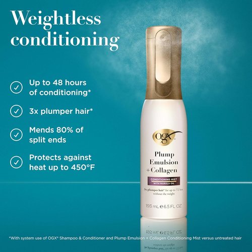 OGX Plump Emulsion Hair Mist - Volumizing Conditioning Spray with Collagen & Marula Oil, 6.5 fl. oz