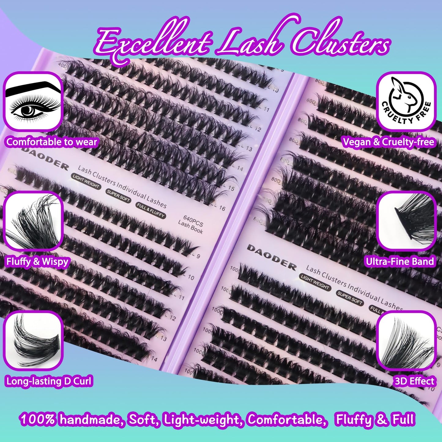 DAODER Eyelash Extension Kit - 640pcs Fluffy Lash Clusters Kit 40D+60D+80D+100D Multi Style Thick Lash Extension Dramatic With Bond Seal and Revmover Waterproof 9-16mm(40D+60D+80D+100D Kit 640pcs)