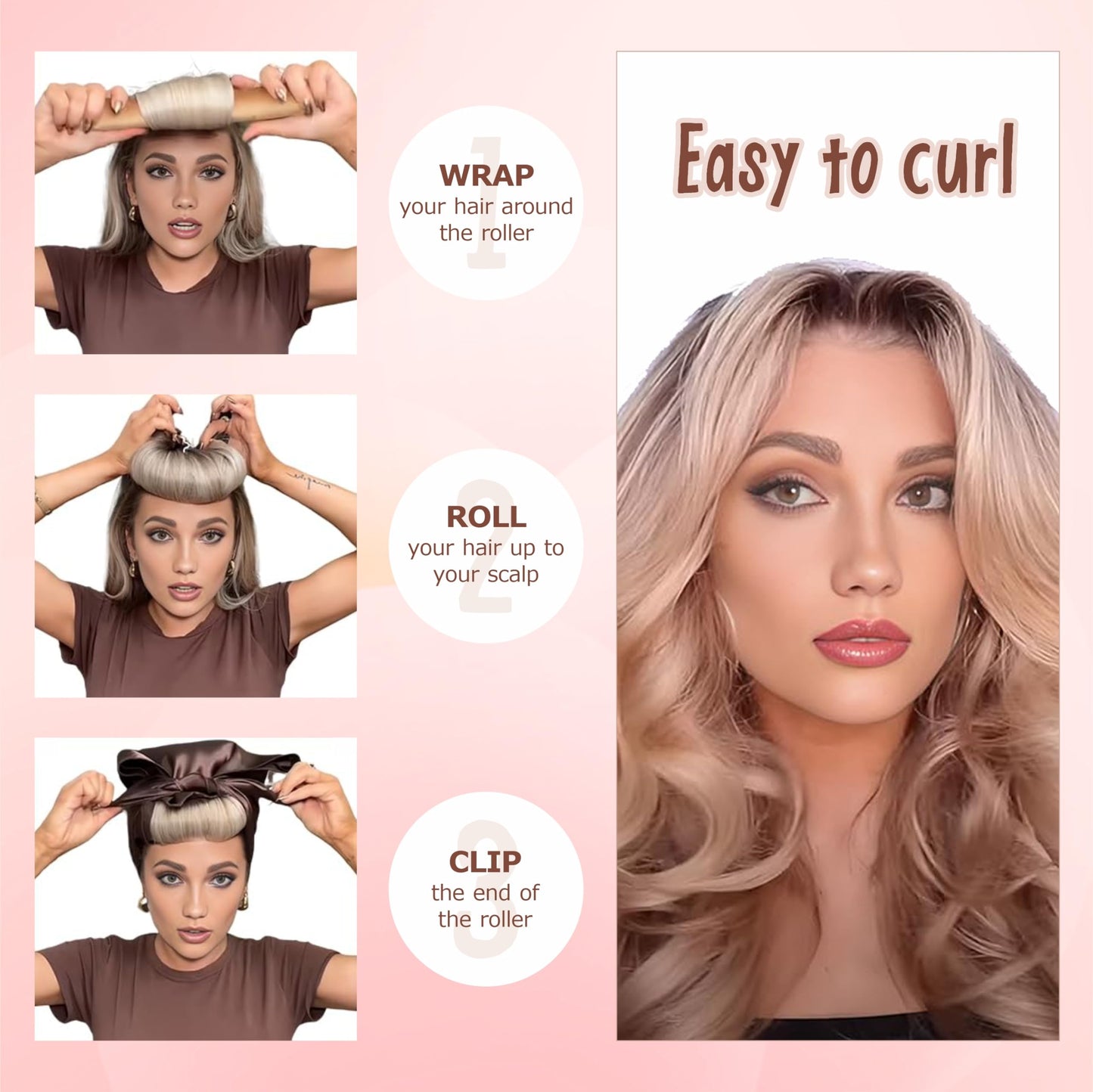 Mkienhy Heatless Hair Curler For Long Hair Overnight Curls Headband To Sleep In, No Heat Curling Rods For All Hair Types Styling Tools, Satin Hair Rollers With Hook (Brown 3pcs)