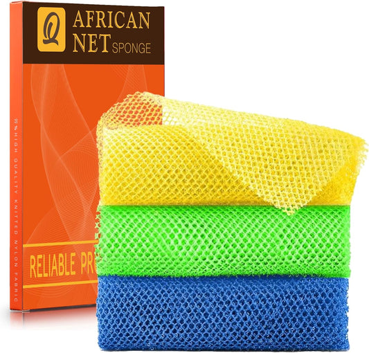 UJFQBH African Exfoliating Net - 3-Piece Bath Sponge Set for Smooth Skin | Yellow, Green, Blue