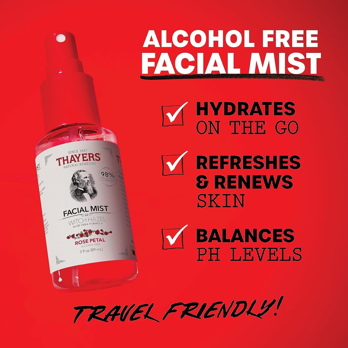 Thayers Witch Hazel Facial Mist Toner - Alcohol-Free, Soothing Aloe Vera & Rose Petal | 3 oz Trial Size