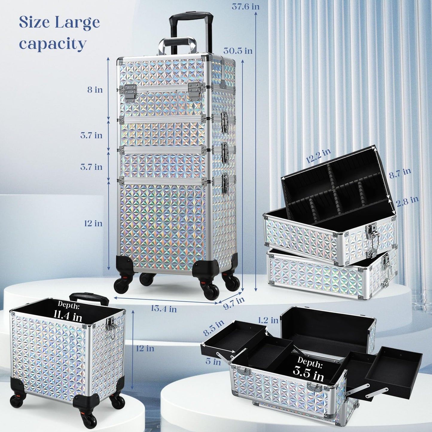 Stagiant Rolling Makeup Train Case Large Storage Cosmetic Trolley 4 in 1 Large Capacity Trolley Makeup Travel Case with Key Swivel Wheels Salon Barber Case Traveling Cart Trunk Shiny Silver