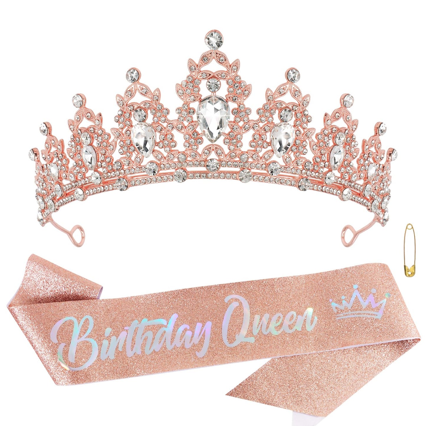 Atoden Birthday Crown and Birthday Queen Sash Rose Gold Tiara Birthday Girls Women Crystal Crown Princess Birthday Party Decorations Rhinestone Happy Birthday Accessories for Party Birthday Gifts