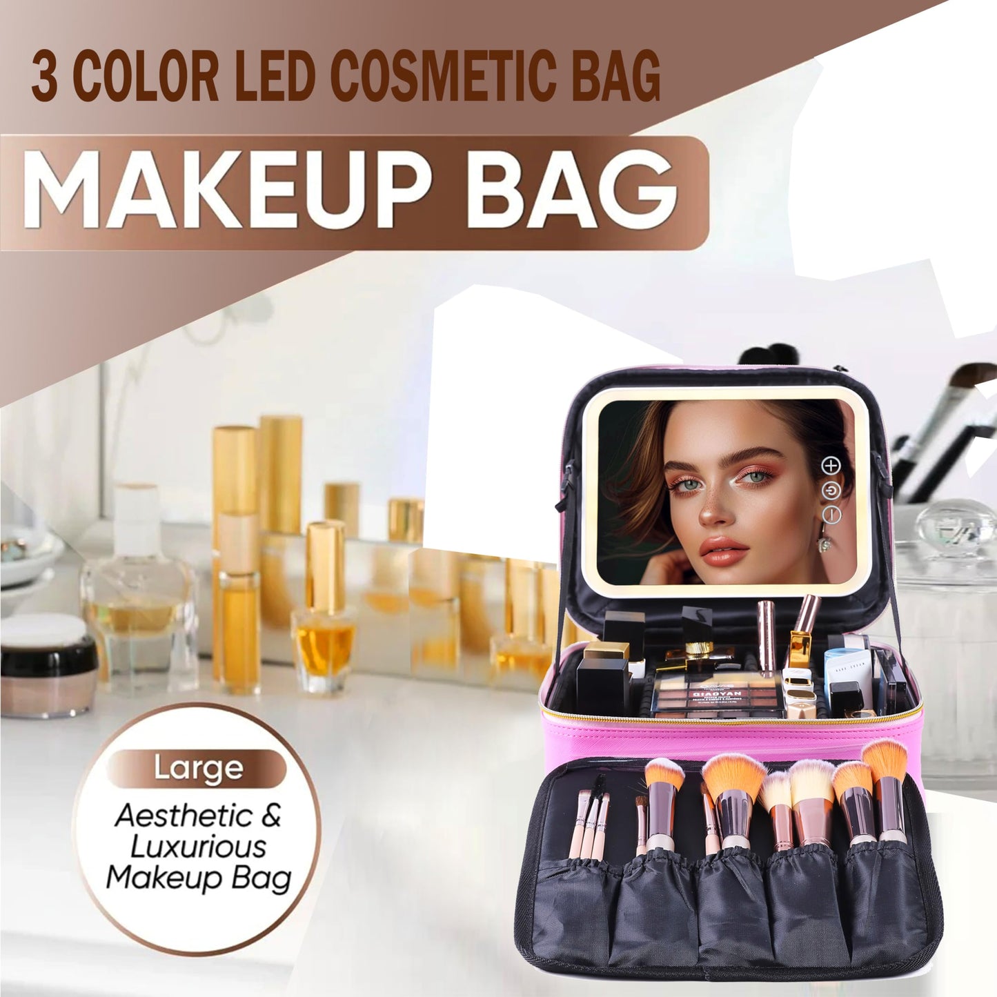 CapsLock Makeup bag with Mirror, LED Light, 3 Adjustable Brightness Levels, Cosmetic Bag with Handle, Portable Storage, Adjustable Partition, Waterproof, Monogrammed Gift Makeup Bag for Women