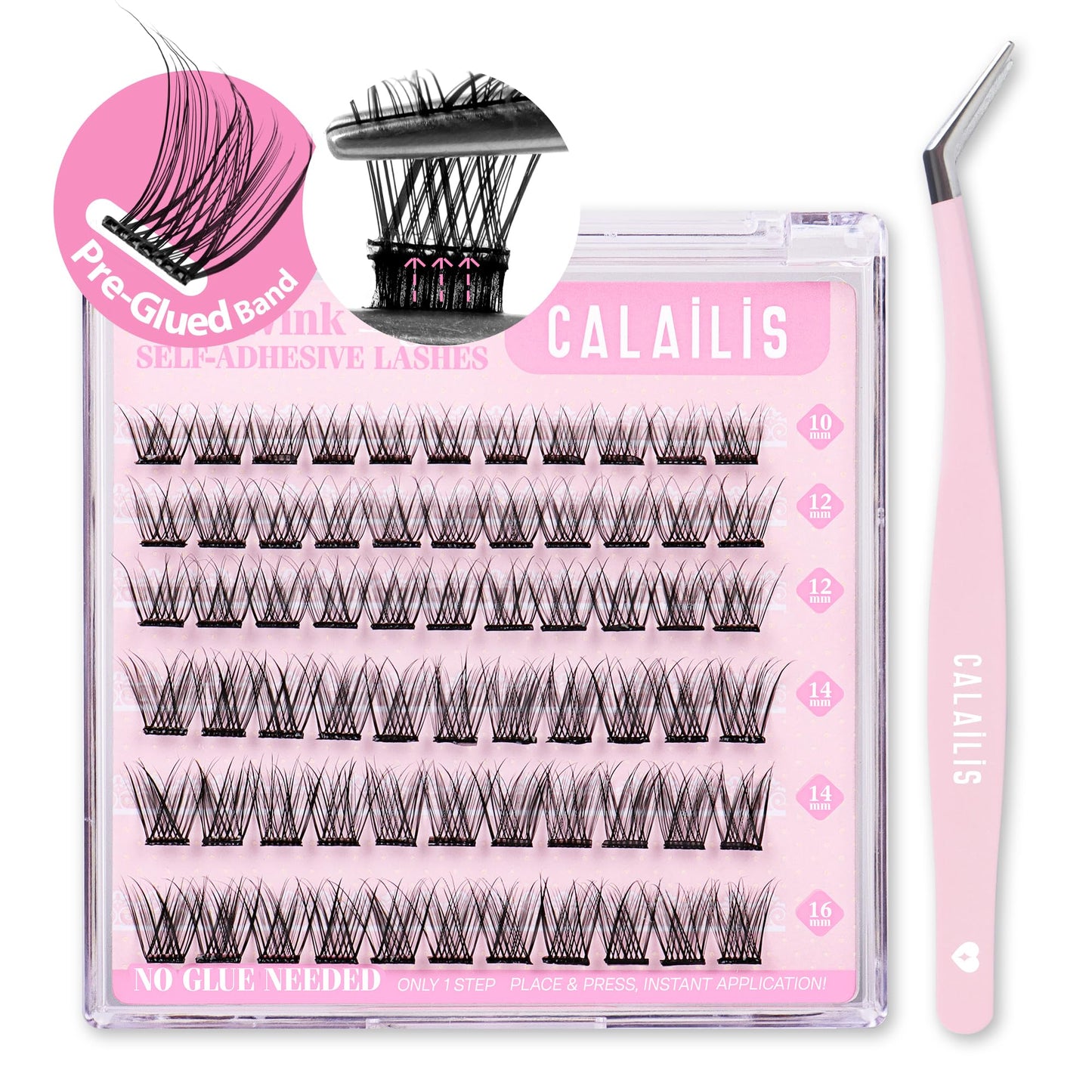 CALAILIS Self Adhesive Eyelashes 66Pcs Lash Clusters Press On Lashes, No Glue Needed Reusable DIY Eyelash Extensions Kit Pre Glued Eyelash Clusters with Lash Tweezers(DUO14,D-10-16mix)