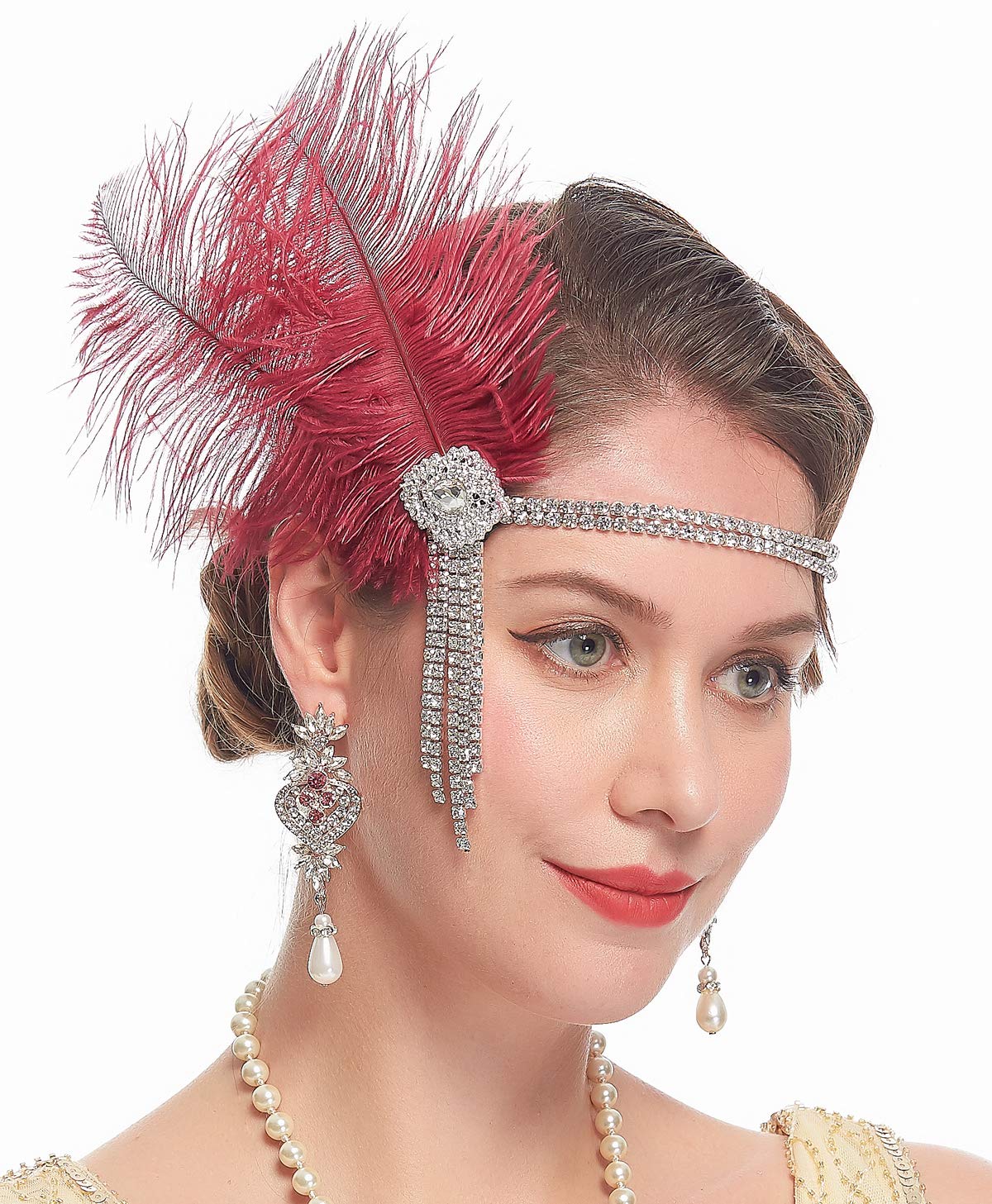 Cizoe 1920s Flapper Peacock Feather Headband Great Gatsby Bridal Crystal Headpiece Apricot (A-maroon)