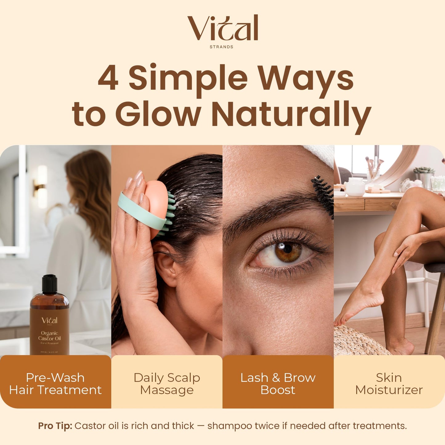 Vital Strands Castor Oil Organic & Cold Pressed – Nourishing Treatment for Hair & Skin – Eyelash & Brow Serum – Aceite de Ricino - Hexane Free, Vegan, 8oz
