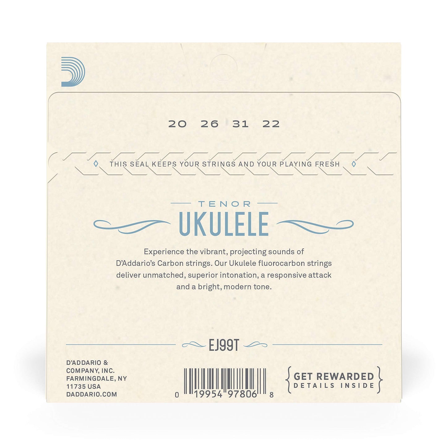 D'Addario Baritone Ukulele Strings, Fluorocarbon, EJ99B, 4-String Set, Pack of 1